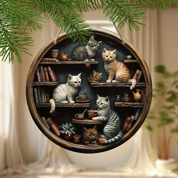 HomeKingdee Vintage Wooden Round Cat Bookshelf Sign - Hand-Painted Cat Coffee Hanging Ornament for Living Room, Bedroom, Study Indoor Decor
