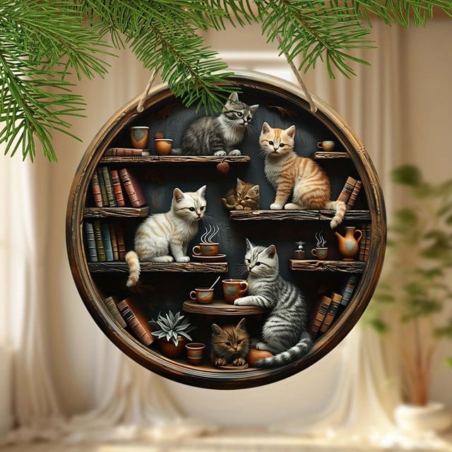 Vintage Style Cats Decoration Wooden Round Cats Bookshelf Sign Hanging Sign Welcome Door Decorative Pendant
