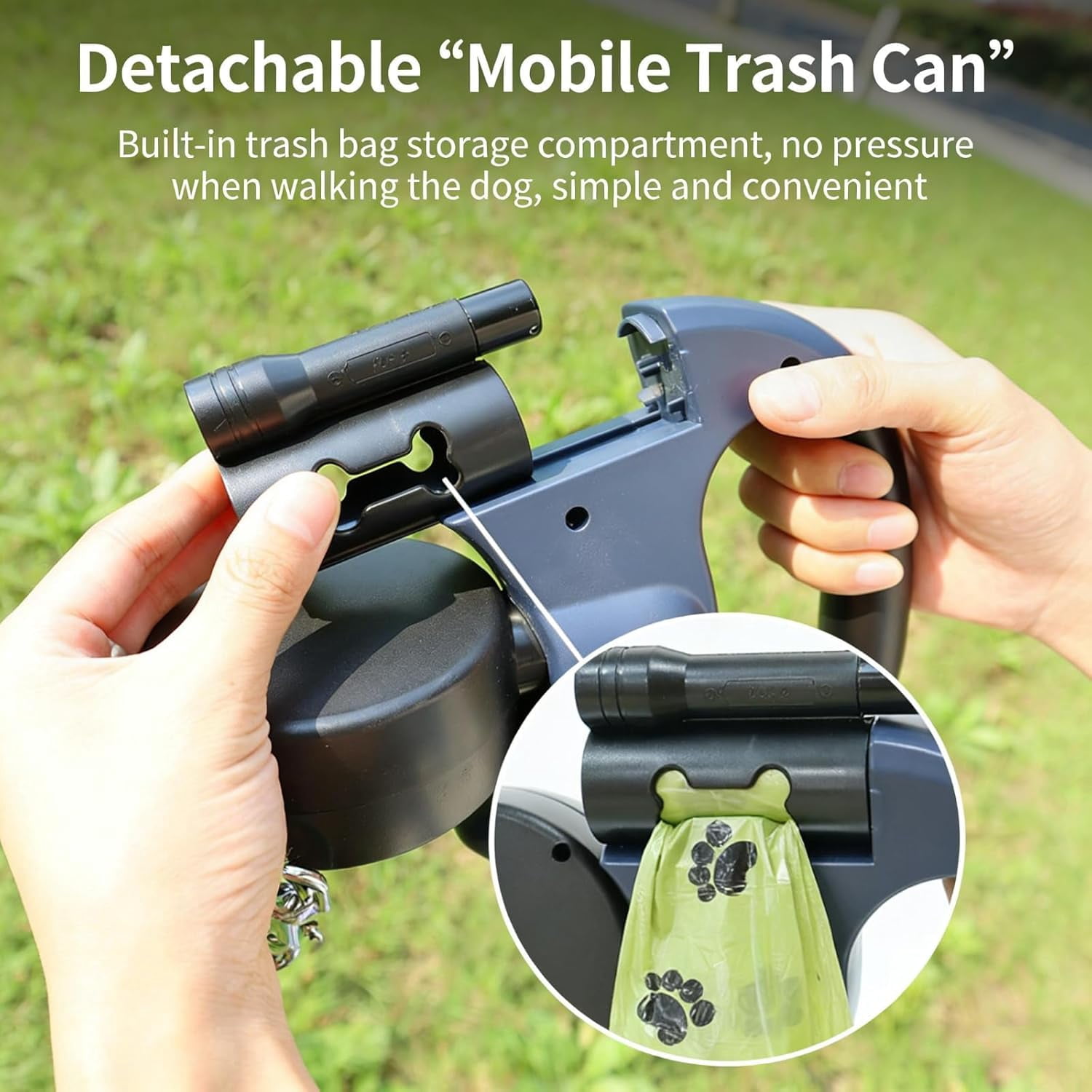 2026 New Dual Retractable Dog Leash with Light & Bring a Flashlight and a Stool Bag Holder | Tangle-Free 360° Swivel for 2 Dogs | Reflective & One-Hand Brake for Medium Small Pets