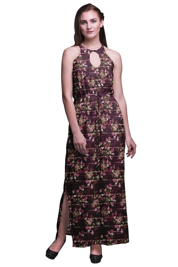 Floral Ladies Crew Neck Waist String Print Maxi Dress with Side Slits Summer Wear-X-Small