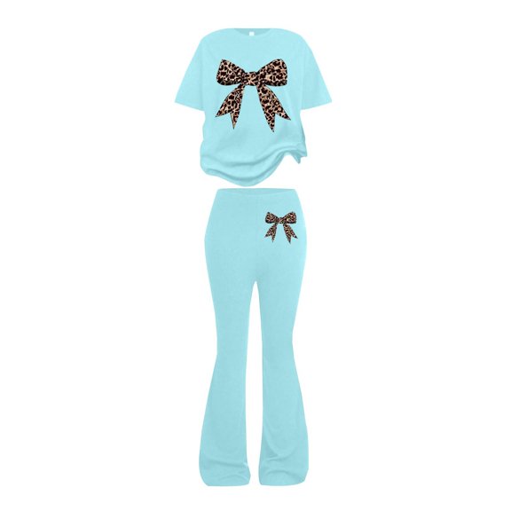 UACY Girls 2 Piece Outfits Long Sleeve Crew Neck Bow Sweatshirt Top and Flare Pants Set (Mint Green, 9-10 Years)