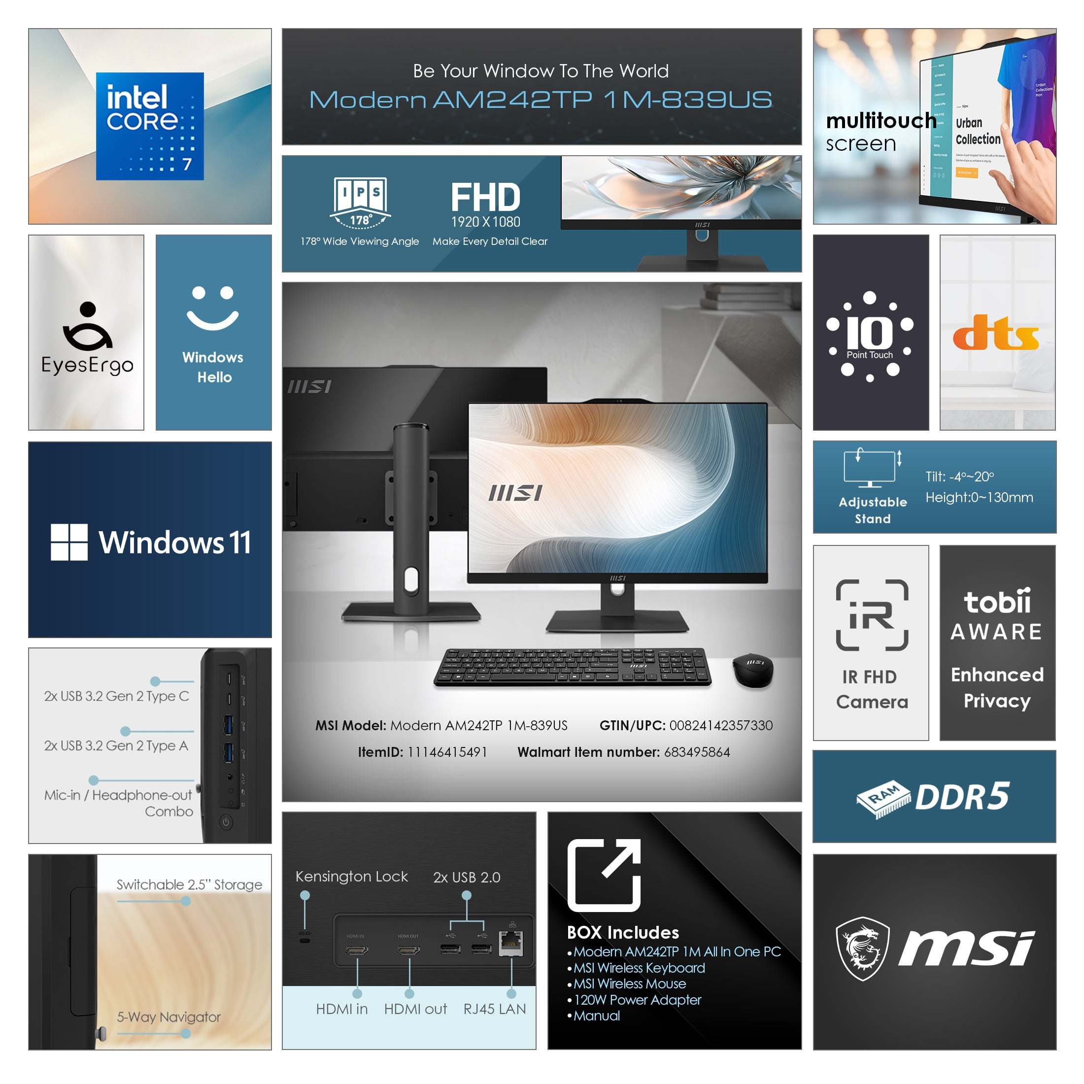 MSI Modern All-in-One Desktop 23.8" FHD Touchscreen, Intel Core 7 150U, 16GB RAM, 1TB HD, 1TB SSD, Windows 11 Home