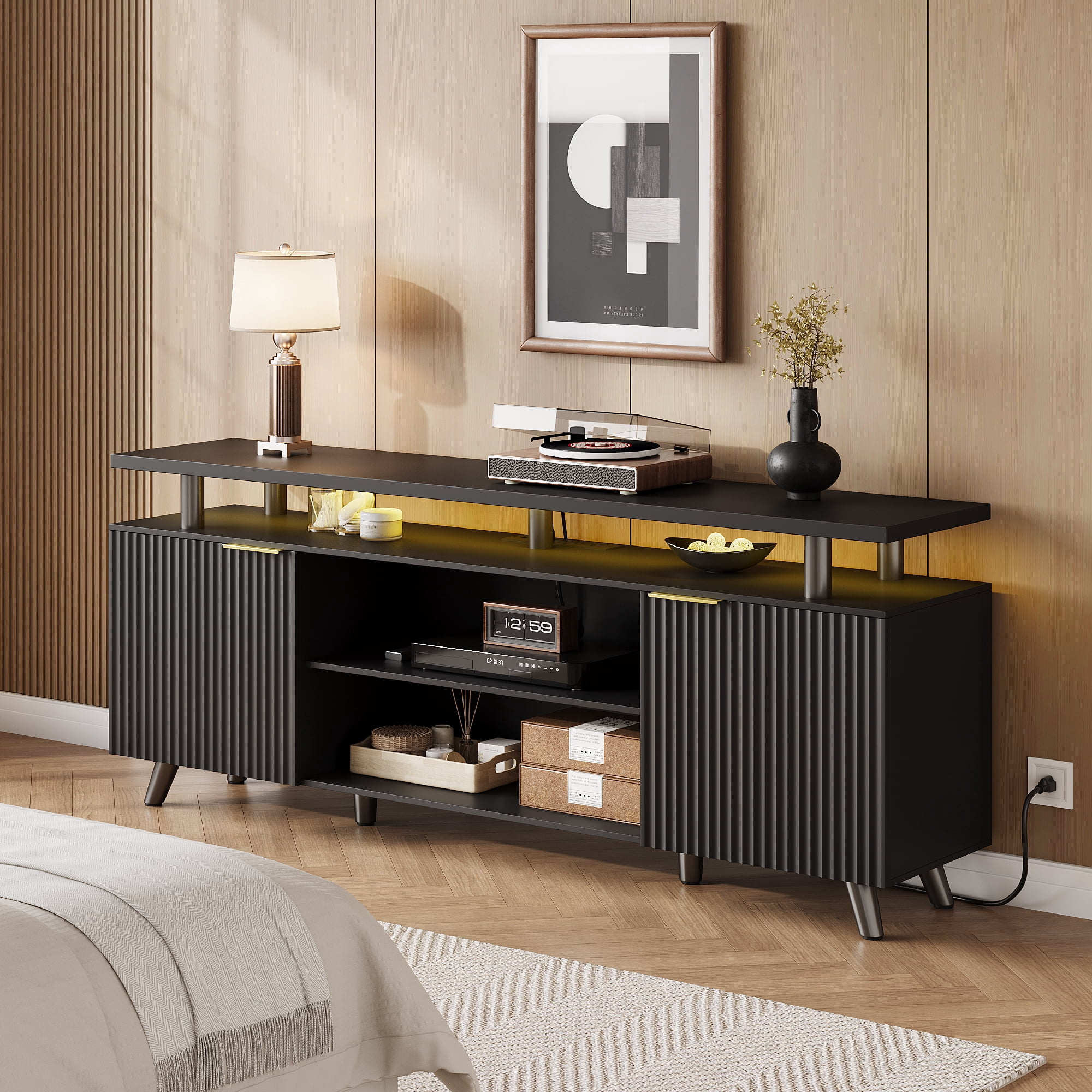 Laintene TV Stand for 65" TV, LED Entertainment Center with Adjustable Shelves, Storage Cabinets & Power Outlets, Fluted TV Console for Living Room, Black Finish