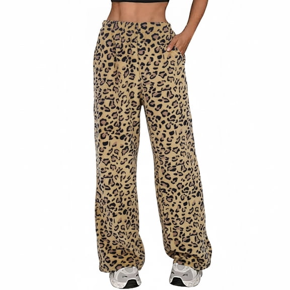 HOWPAY Sweatpants for Women High Elastic Waisted Leopard Print Sweat Pants with Pockets Stretch Casual Wide Leg Loose Fit Comfy Lounge Pants Brown L