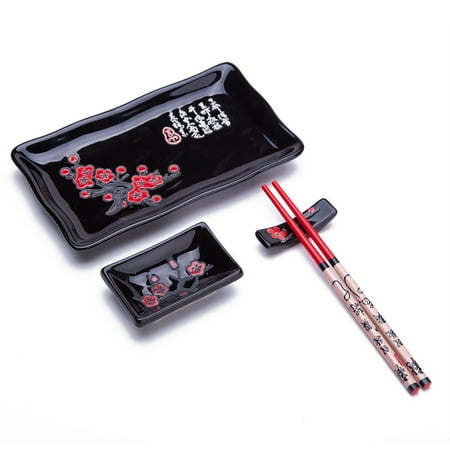 Sushi Dishware - 4 Pcs Japanese Sushi Plate Dinnerware Set Black With Chinese Calligraphy