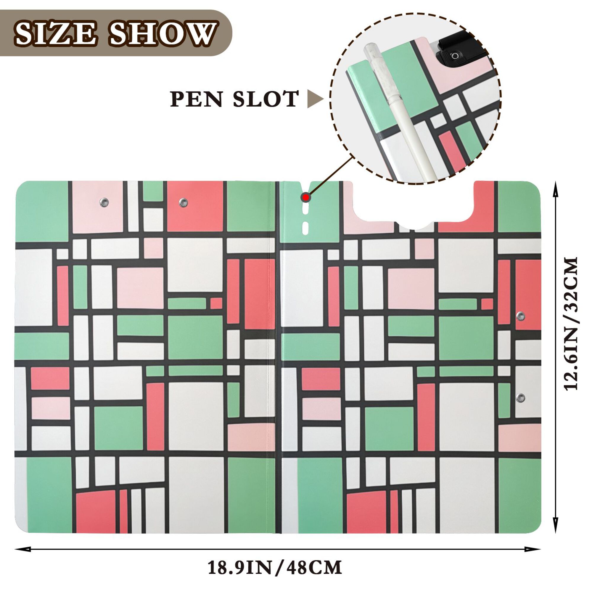 FORMRS A4 Clipboard Folder with Pen Holder Horizontal Foldable School Office Binder, Red Abstract Geometric