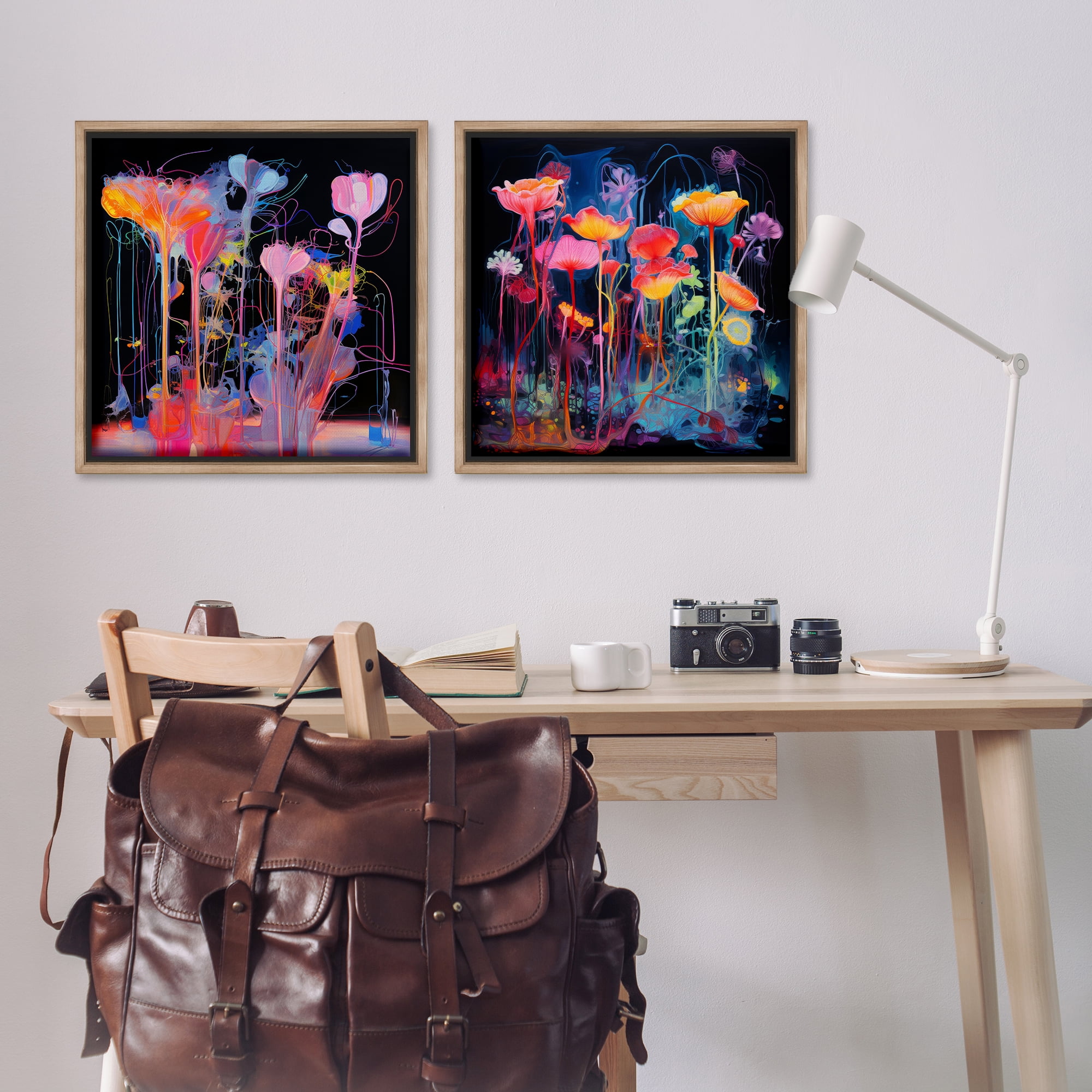 Stupell Industries Contrasting Otherworldly Blossoms Abstract Painting Brown Floater Framed Canvas Art Print Wall Art, 25 x 25, Set of 2