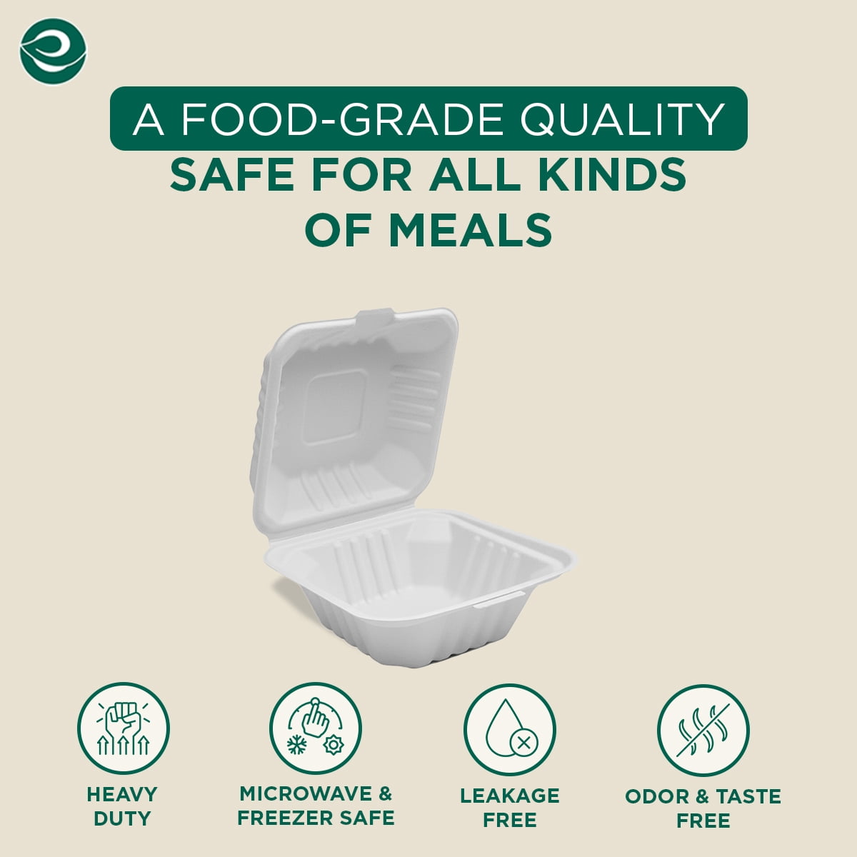 Eco Soul Tree-Free Compostable Bagasse Clamshell Containers, 6 x 6 Inch, 50 Count