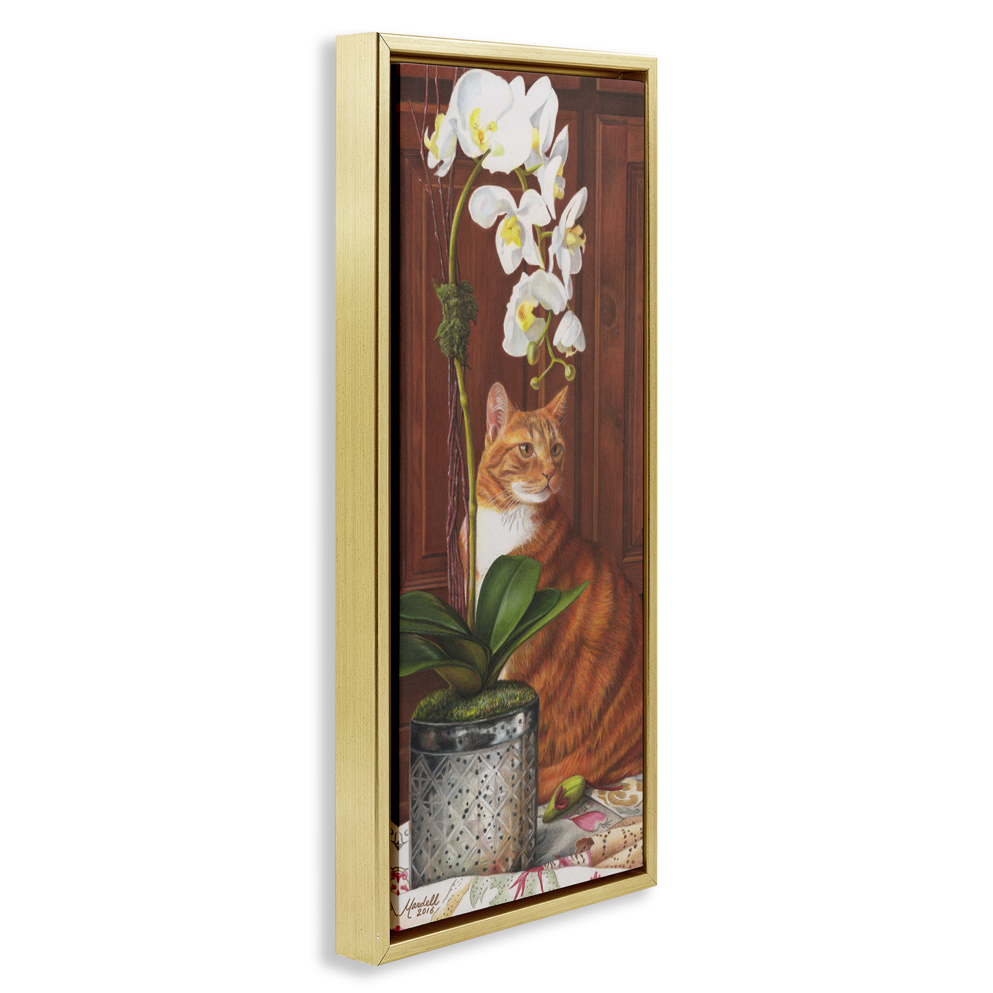 Stupell Industries Cat & Orchid Flower Animals & Insects Painting Gold Floater Framed Canvas Art Print Wall Art, 11 x 25