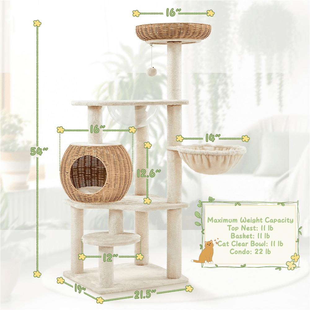 Alden Design 54″ Tall Rattan Cat Tree with Soft Cushion Clear Bowl