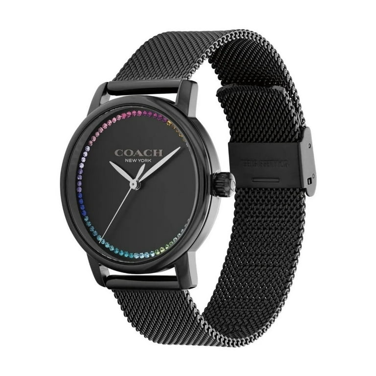 Coach Grand Black Dial Rainbow Crystals Black Mesh Band Watch