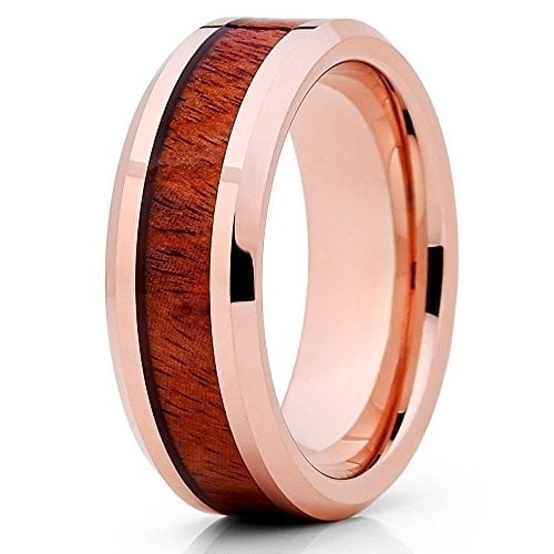 8mm Rose Gold Tungsten Ring Koa Wood Tungsten Rung Tungsten Wedding Band Beveled Comfort Fit