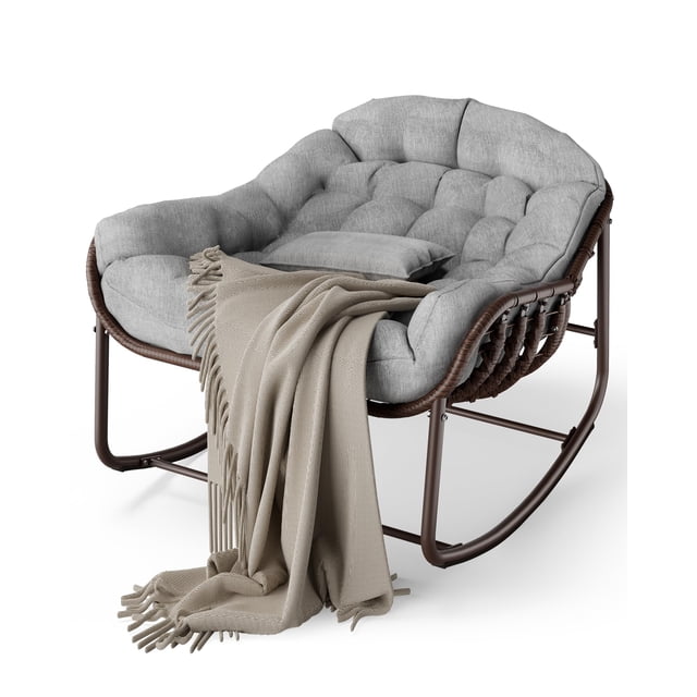 Oversized Papasan Egg Rocking Chair for Patio – Rattan Wicker Outdoor Lounge, Thick Water-Resistant Cushion Gray