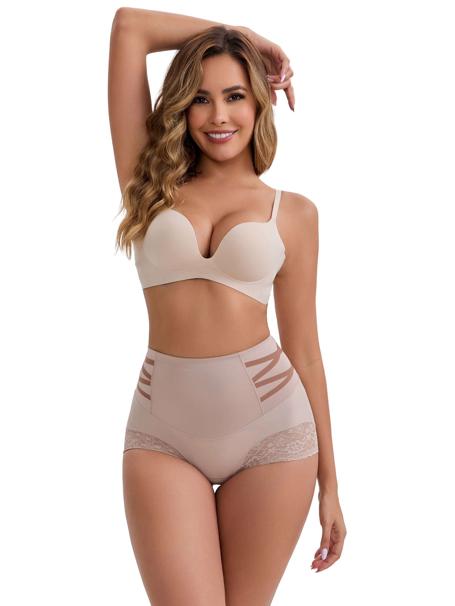 DARING DIVA Women's High-Waisted Tummy Control Briefs Lace Trim M Light Brown