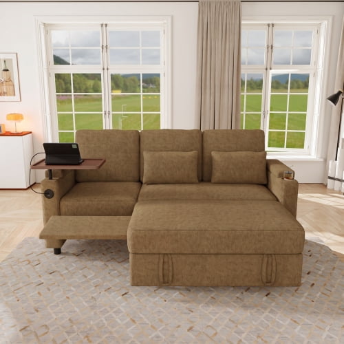81" 3-in-1 Convertible Sofa Bed, Electric Recliner & Sleeper with Table, USB Ports, Storage Armrests, Chenille, 6 Adjustable Positions, khaki