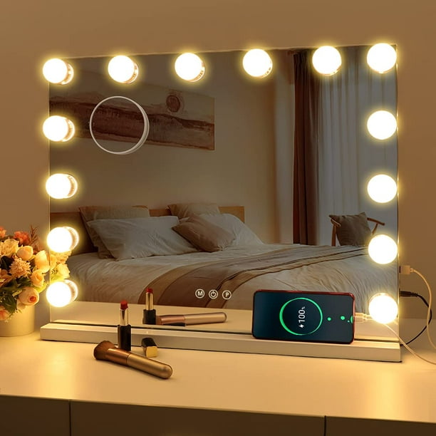 FENCHILIN Vanity Mirror with Lights, Hollywood Lighted Makeup Mirror with  15 Dimmable LED Bulbs for Dressing Room & Bedroom, Slim Metal Frame Design