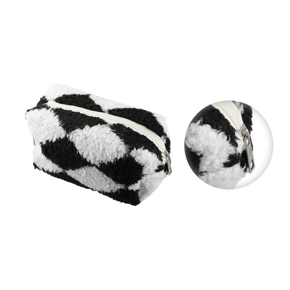 Vocoste Portable Cosmetic Bag Travel Makeup Bag Storage Bag Plaid Pattern Terry Cloth Black White