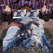 Homewish Kawaii Flying Dragon Bedding Comforter Set for Kids, Gothic Cartoon Animal Twin Comforter Sets, Winter Snow Mountain Reversible Bedding Set, Super Cozy Room Decor, 2pcs