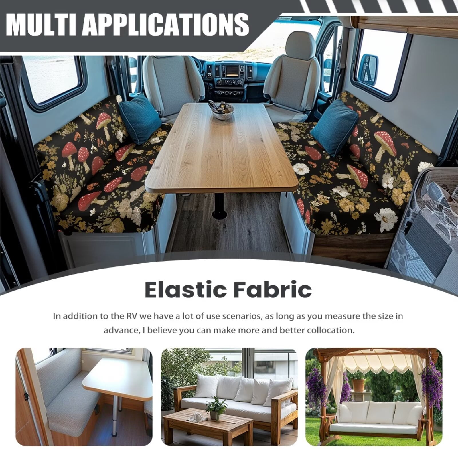 Psesaysky 4 Pcs RV Dinette Couch Covers Stretchable Aesthetic Mushroom Camper Cushion Slipcover Washable Sofa Seat Cover for Travel Trailer with Elastic Edge