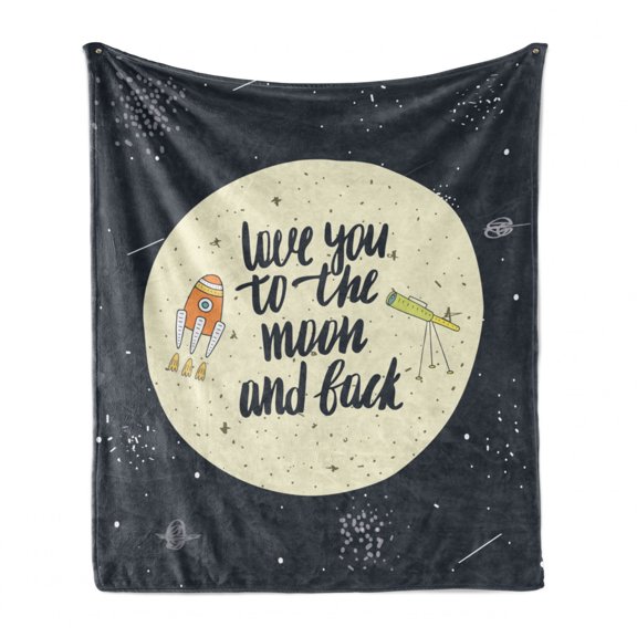 Saying Soft Flannel Fleece Throw Blanket, Love You to the Moon and Back Doodle Galaxy Cosmos, Cozy Plush for Indoor and Outdoor Use, 50" x 70", Eggshell Dark Slate Blue, by Ambesonne