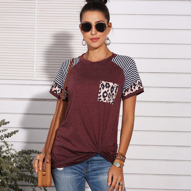 Nouveau T-Shirts Décontractés pour Femmes, Tuniques à Nœud Torsadé, Blouse à Imprimé Léopard avec Poche, Col Rond, Manches Courtes