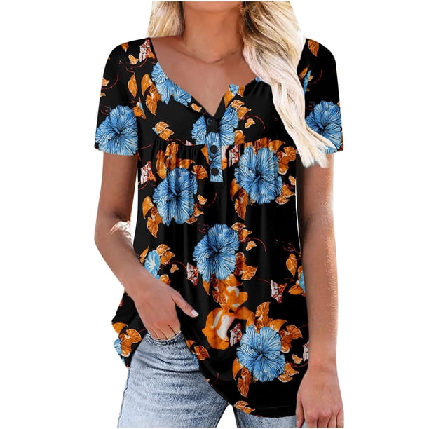 Túnica de verano para mujer, cuello redondo, camisetas con estampado floral, blusa informal de manga corta, Tops plisados con dobladillo con volantes Fridja hjk6227