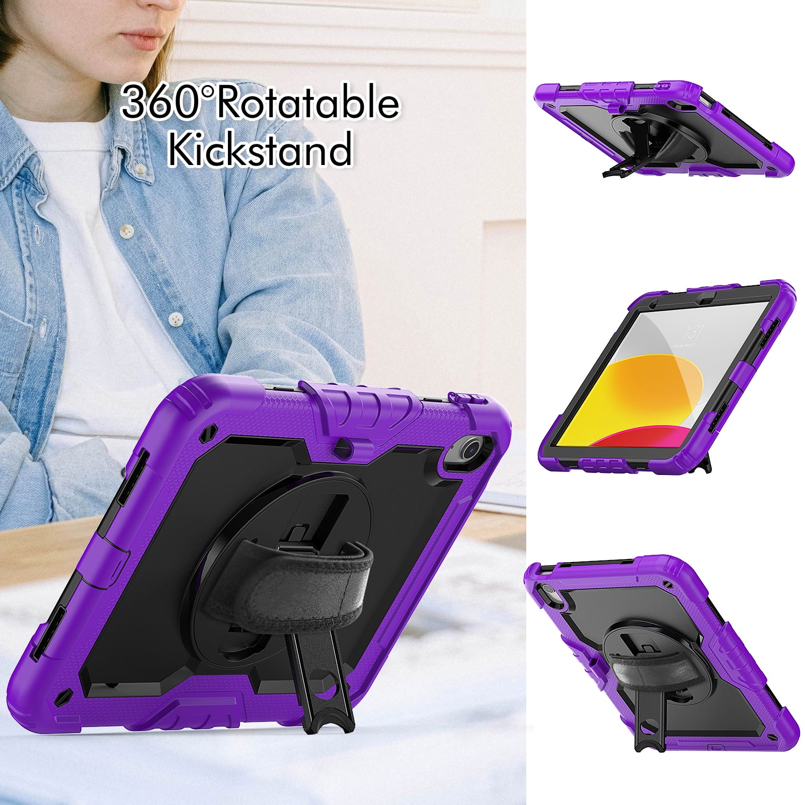 Mantto for iPad 10th Generation Case 10.9" 2022, Built in-Screen Protector with Pencil Holder/360 Rotation Stand-Shoulder Strap-Heavy Duty Shockproof Rugged Soft Silicone Protective Case, Purple