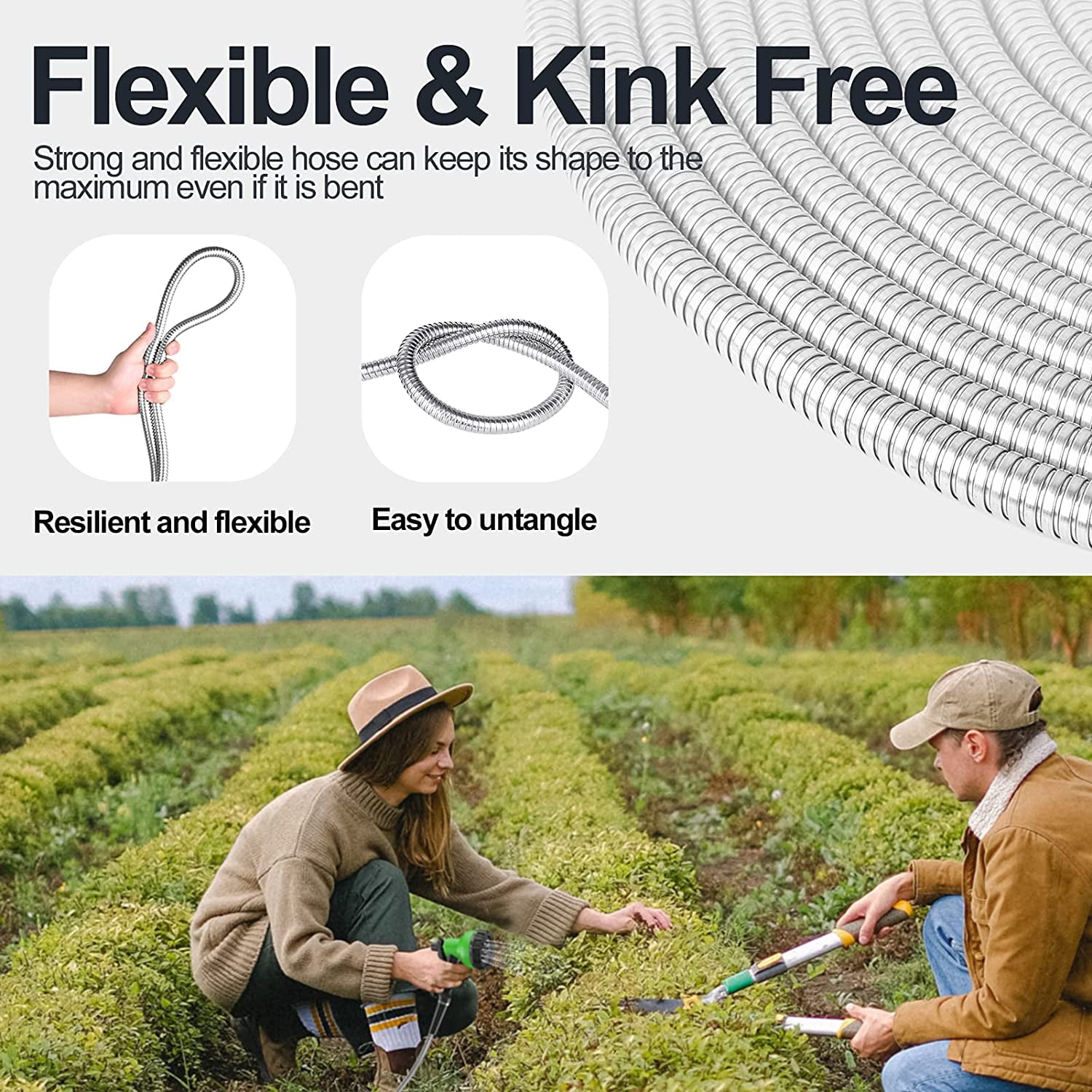SPECILITE 25ft 304 Stainless Steel Garden Hose Metal, Heavy Duty Water Hoses with Nozzle for Yard, Outdoor - Flexible, Never Kink & Tangle, Puncture Resistant
