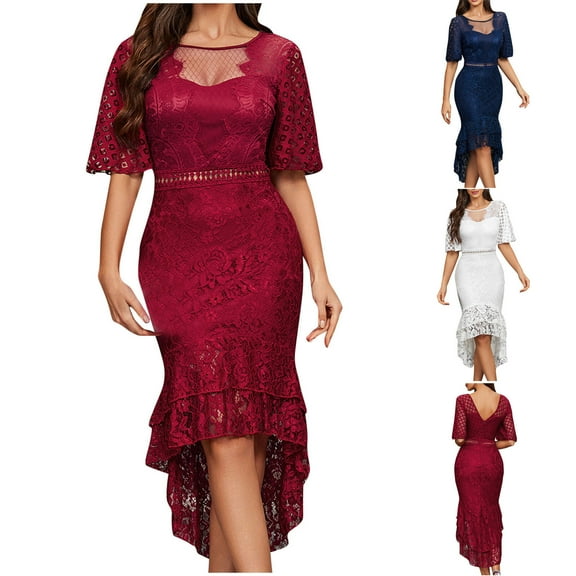 Umbreon Blue Wedding Guest Dresses for Women Short Sleeve Cre W Neck Pencil Skirt Dress Solid Color Lace Wrapped Skirt Formal Evening Gowns Beach Dress