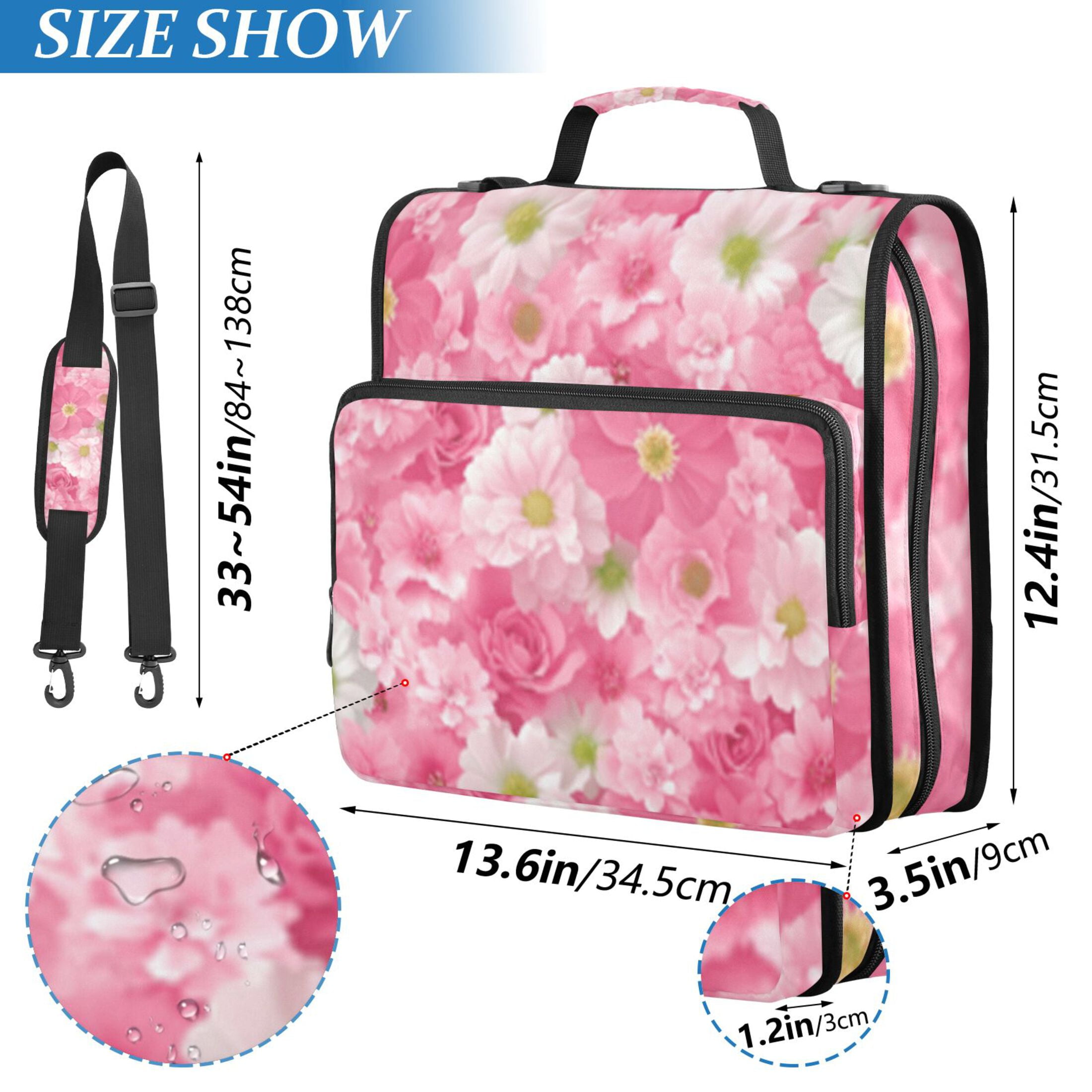 Zipper Binder Pink Floral Cluster 1.5 Inch Binder Folder Bag with Shoulder Strap and Handle