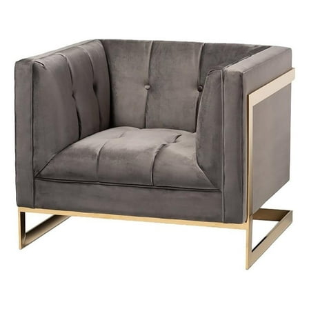 Bowery Hill 17.3" Modern Velvet Button Tufted Accent Chair in Gray/Gold