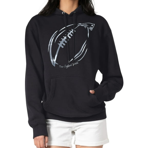 Women's G-III 4Her by Carl Banks Black New England Patriots Metallic Print Football Sketch Fleece Pullover Hoodie