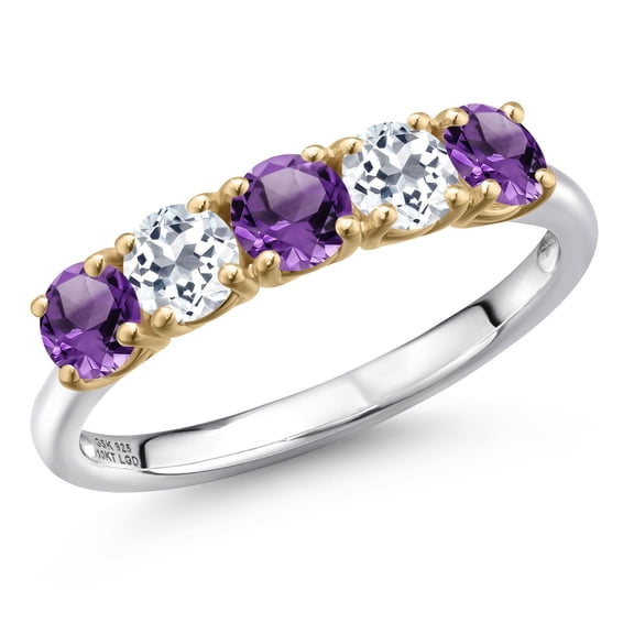 Gem Stone King 925 Silver and 10K Yellow Gold Purple Amethyst and White Topaz Wedding-Bands Ring for Women | 1.41 Cttw | Round 4MM | Gemstone February Birthstone | Size 6