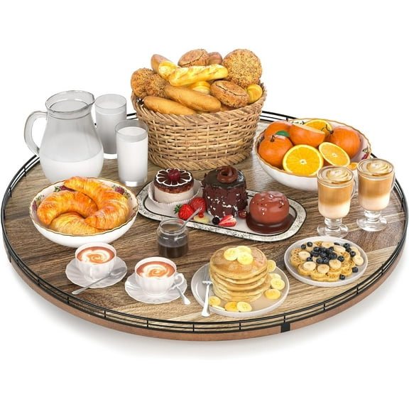 Wood 24" Lazy Susan Turntable Organizer for Table Top, Farmhouse Extra Large Round Lazy Susan for Serving Kitchen Countertop Cabinet for Charcuterie Centerpiece, Bathroom Vanity Tray Decor