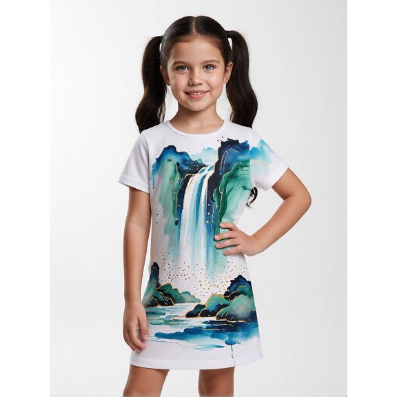 Girls Elastic Dress A-Line Short Sleeve Casual Stylish Dress Pockets for Kids Girls Age 5-13 Holiday Style