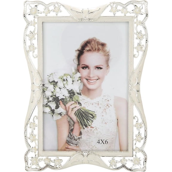 4x6in Vintage Metal Picture Frame White Pearl Photo Frame Wedding Decoration, Clear Glass Front, Unique Tabletop or Wall Display, Mothers Day Gifts for Mom Women, Horizontally & Vertically
