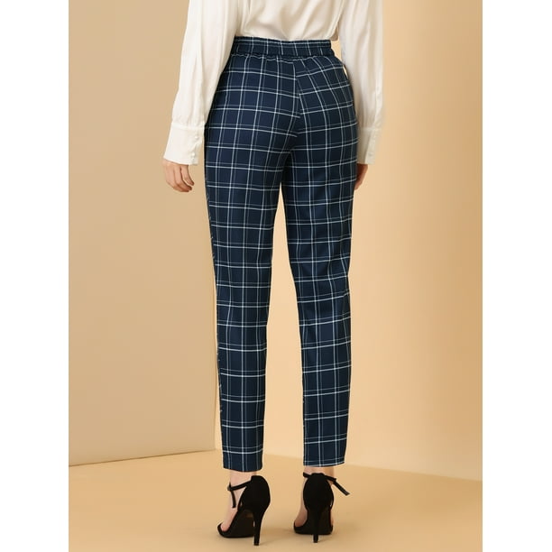 Pantalones A Cuadros De Tartan Vintage Para Mujer Pantalones Largos Rectos De Cintura Elastica Azul oscuro S Allegra K Pantalones