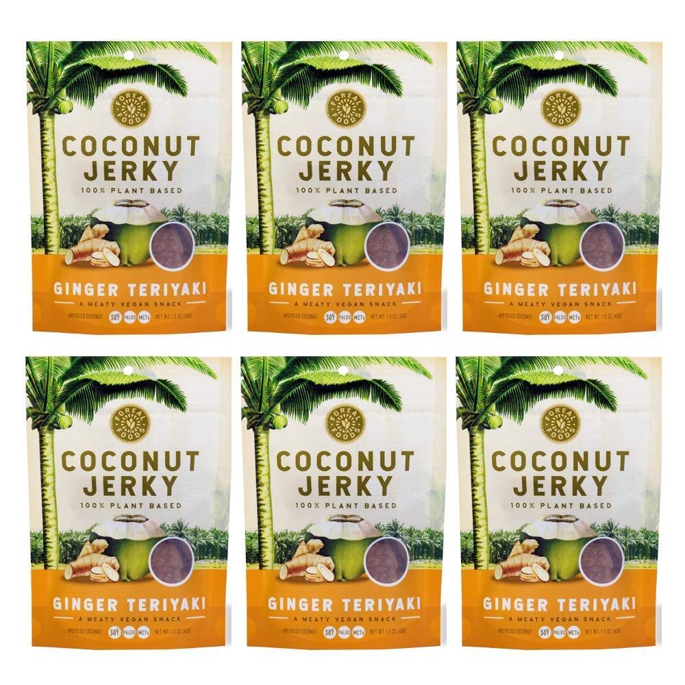 Vegan Coconut Jerky - Ginger Teriyaki Flavor 6-pack (Paleo, Vegetarian, Keto, Gluten Free, Soy Free, Natural, Plant Based, Clean, Whole 30, Low-Carb, Non-GMO, Healthy Snack, ) - 6 bags - 1.5oz