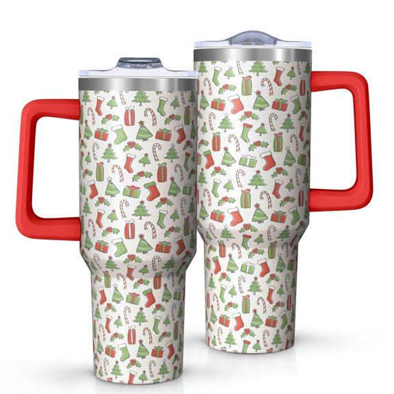Green and Red Christmas Pattern Tumbler with Handle and Lid,40oz Double Wall Vacuum Insulated Tumbler,Cups Gift for Women and Men