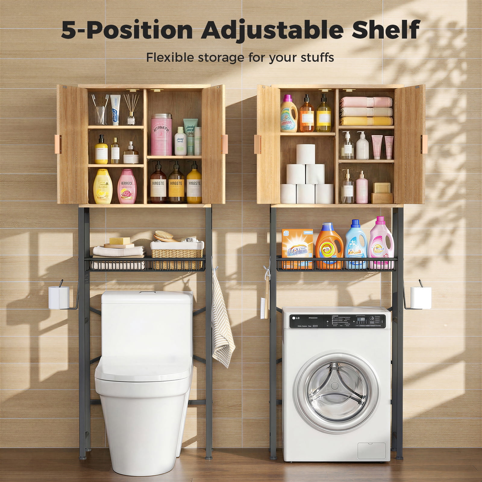 Biemlerfn Over the Toilet Storage Cabinet, Bathroom Storage Organizer with Adjustable Shelf, Toilet Paper Holder & Hooks, Freestanding Space Saver, Natural