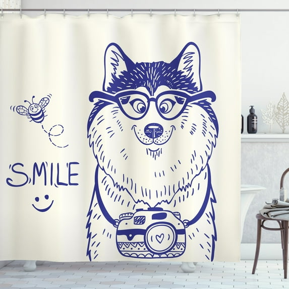 Ambesonne Alaskan Malamute Shower Curtain, Cartoon Puppy, 69"Wx75"L, Blue White