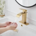 thumbnail image 3 of Waterfall Single Handle Single Hole Modern Bathroom Faucet With Metal Drain Drip-Free Vanity Sink Faucet in Brushed Gold, 3 of 14