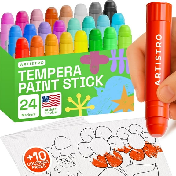 ARTISTRO 100% Washable Tempera Paint Sticks for Kids - 24 Non-toxic Paint Markers for Kids - Color Sticks with Twist Design, Coloring Pages Included