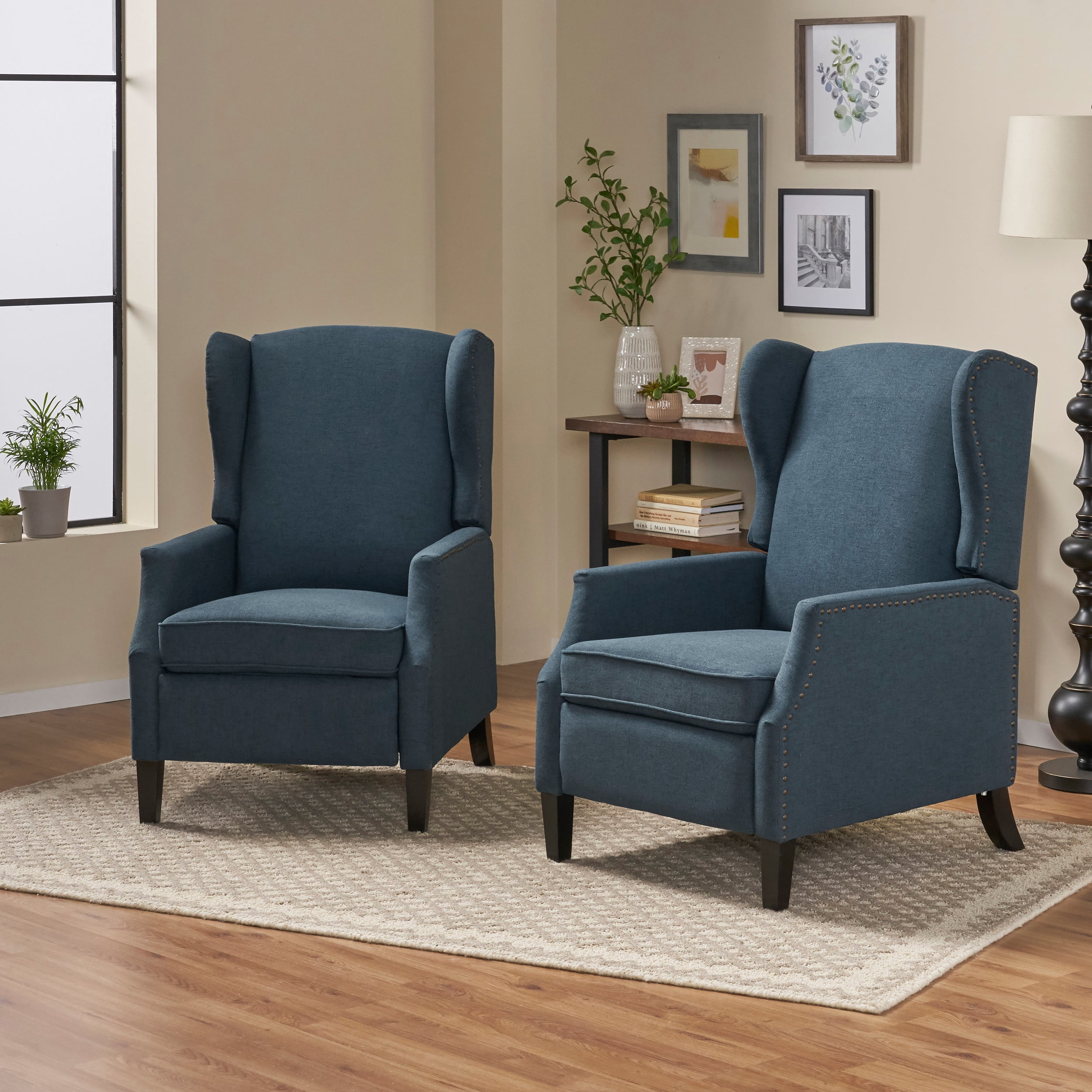 Noble House Demi Indoor Fabric Recliner, Set of 2, Navy Blue, Dark Brown