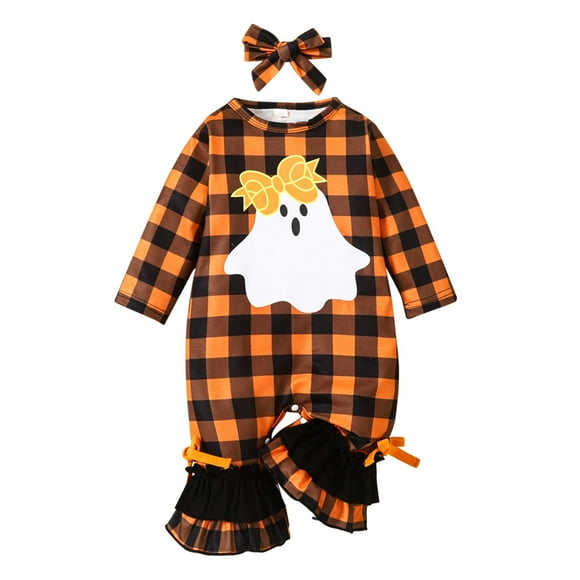 PMUYBHF Boys Undershirts Infant Girls Halloween Long Sleeve Romper Plaid Cartoon Prints Flare Jumpsuit Headbands Set Baby Boy Outfits 12-18 Months Shorts Baby Girl Spring Bunting Suit