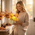 thumbnail image 6 of Artificial Glitter Pumpkin with Faux Dahlias and Autumn Leaves, 2026 Fall Thanksgiving Harvest Centerpiece, Farmhouse Tabletop Arrangement for Home Mantel Display, 6 of 6