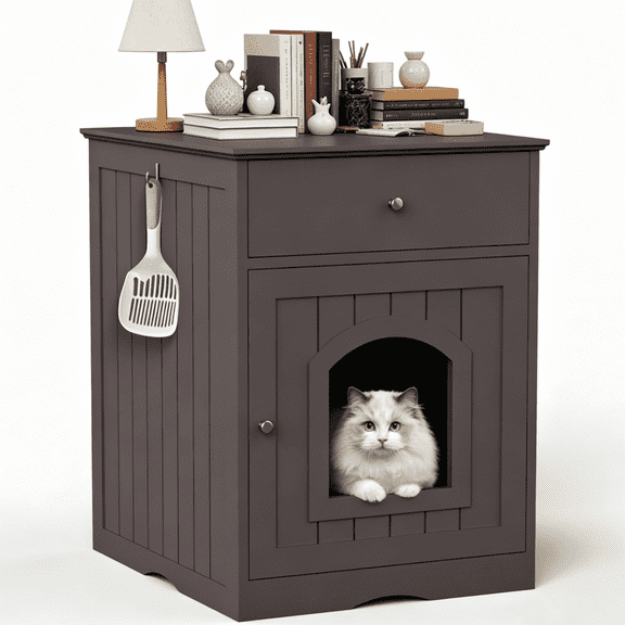 Becare Pet Hidden Cat Litter Box Enclosure Nightstand with Storage Drawer and Arched Door, Dark Brown Pet Washroom Cabinet for Bedroom Living Room