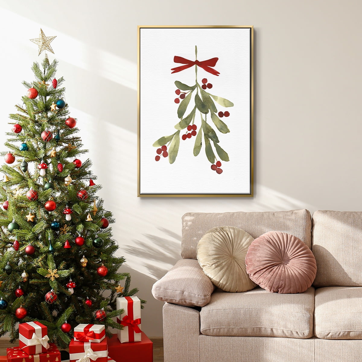 Mistletoe Bow I - Framed Gallery Wrapped Holiday Canvas - 25 x 37 - Gold Frame