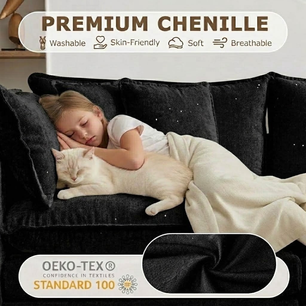 Howcool Cloud Couch Modular Sectional Sofa 4 Seat 148" U Shaped Convertible Couch Chenille Thick Cushion with Ottoman, Removable & Washable Cover for Living Room, Black