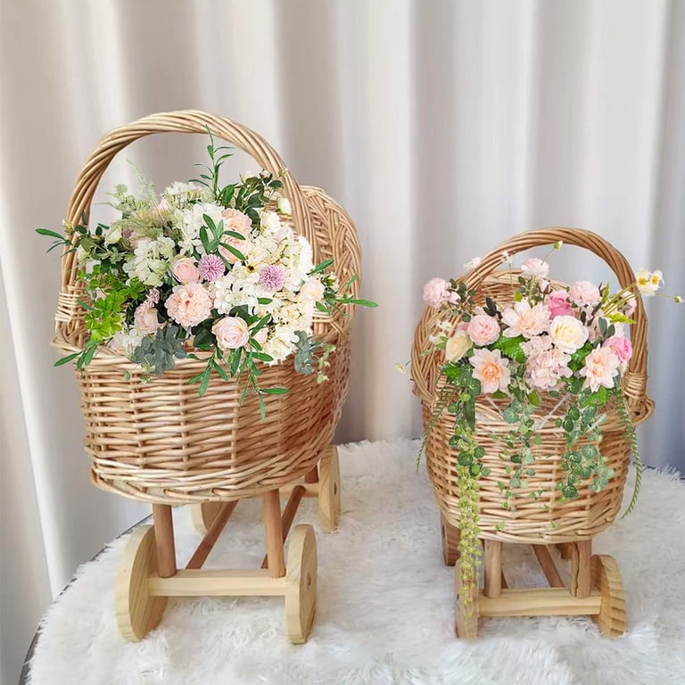 Woven Rattan Stroller Flower Basket with Handle,Vintage Wicker Baby Carriage,Rustic  Rattan Stroller Decor for Weddings, and Floral Arrangements, Decorative  Flower Girl Cart, Event Centerpiece Decor - Walmart.com